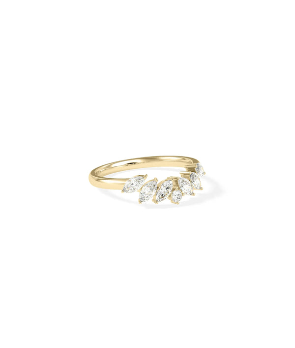 Multi shape curved ring side view displaying varied diamond cuts and organic lines alternate view