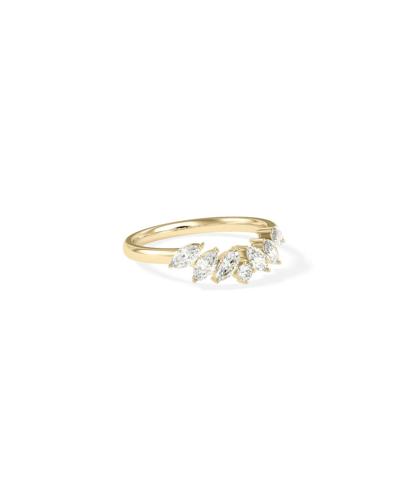 Multi shape curved ring side view displaying varied diamond cuts and organic lines