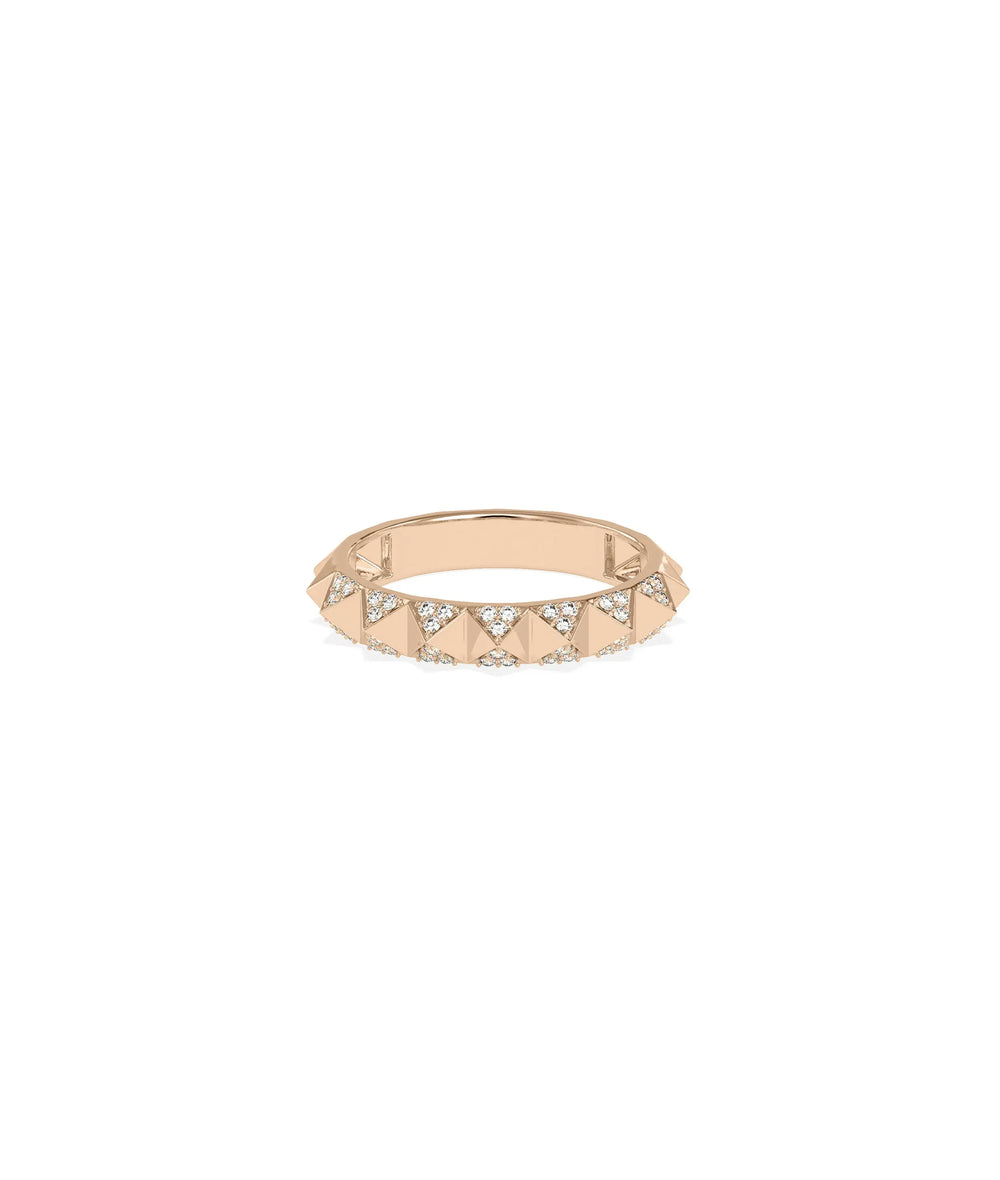 Rose gold pyramid ring featuring bold architectural elements with diamond sparkle