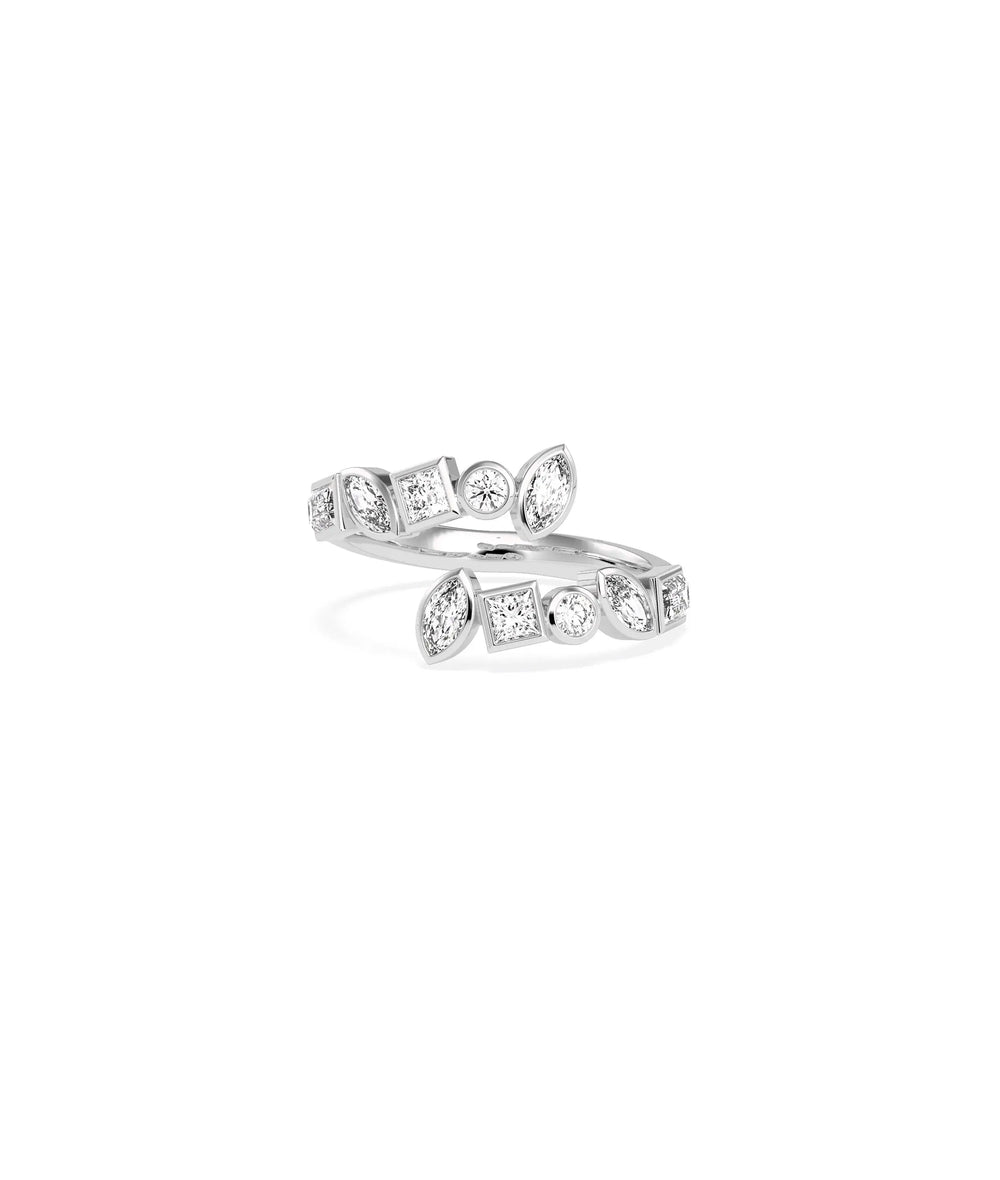 Multi Shape Bezel Bypass Ring white gold with multiple diamond cuts in bezels