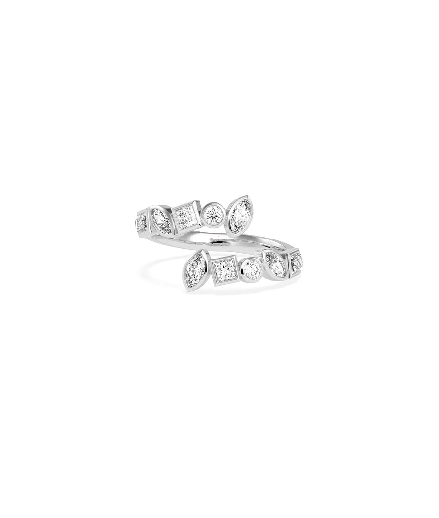 Multi Shape Bezel Bypass Ring white gold with multiple diamond cuts in bezels