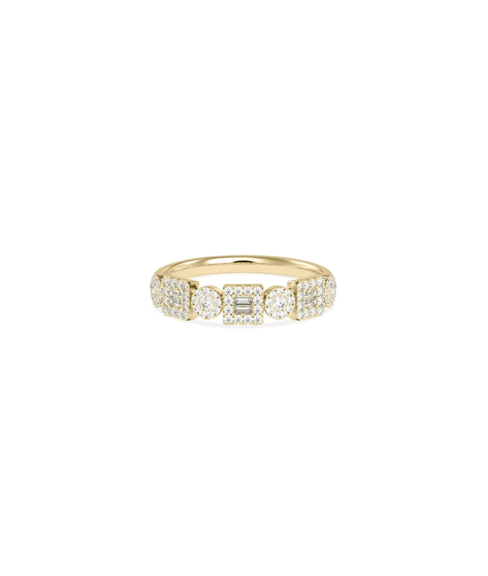 Diamond Cluster Round and Square Band Ring yellow gold showcasing mixed shapes