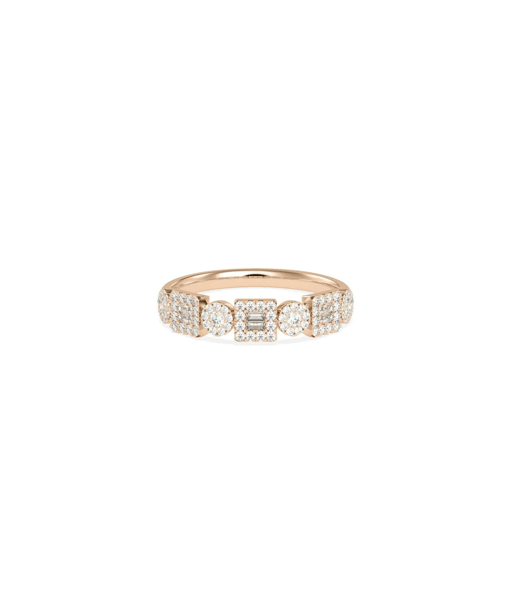 Rose gold mixed shape ring featuring diamond cluster and architectural elements