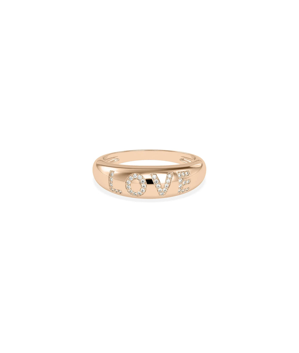 Rose gold personalized dome ring featuring pave diamonds and meaningful words