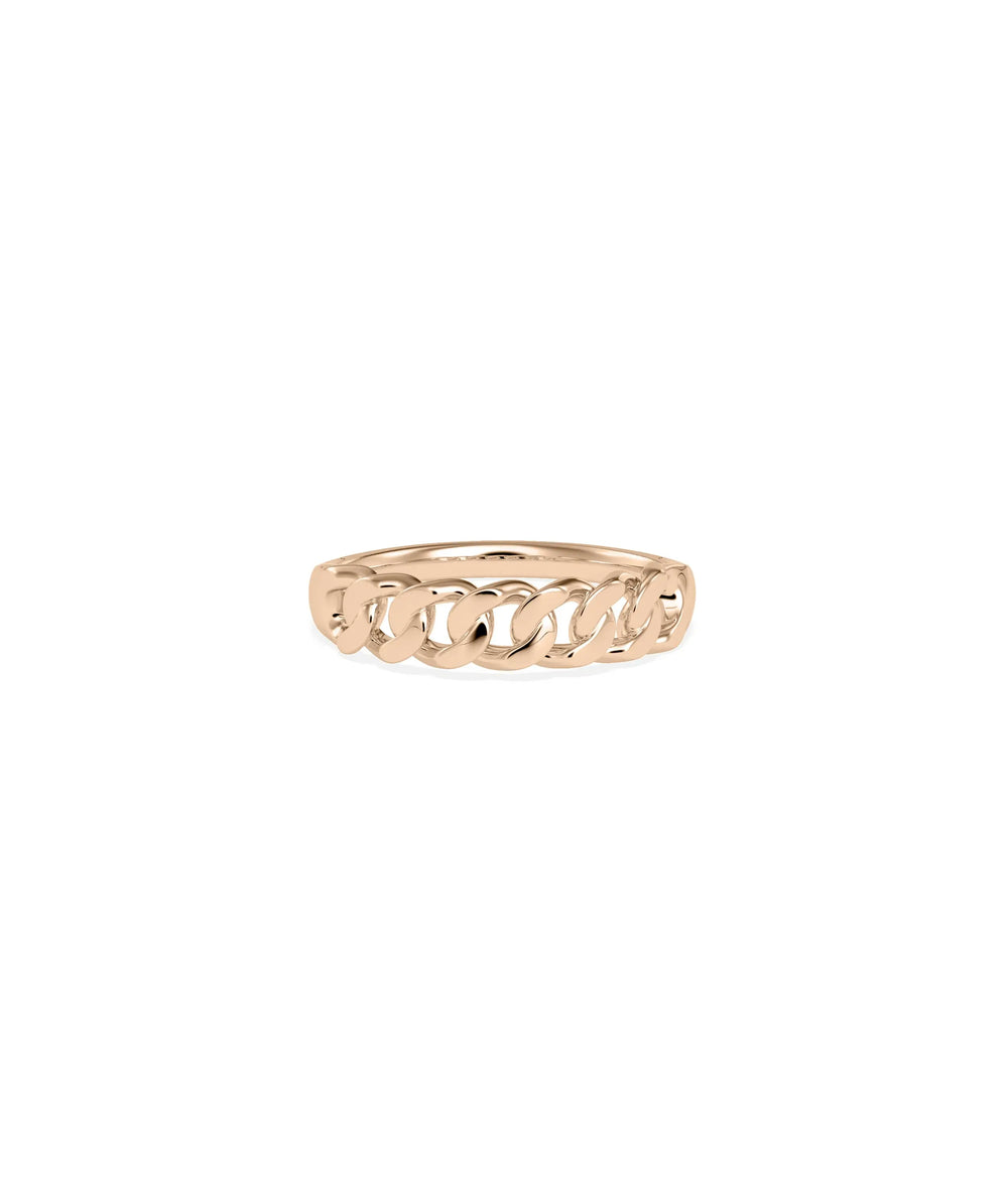Rose gold curb ring featuring interlocking chain design and urban edge