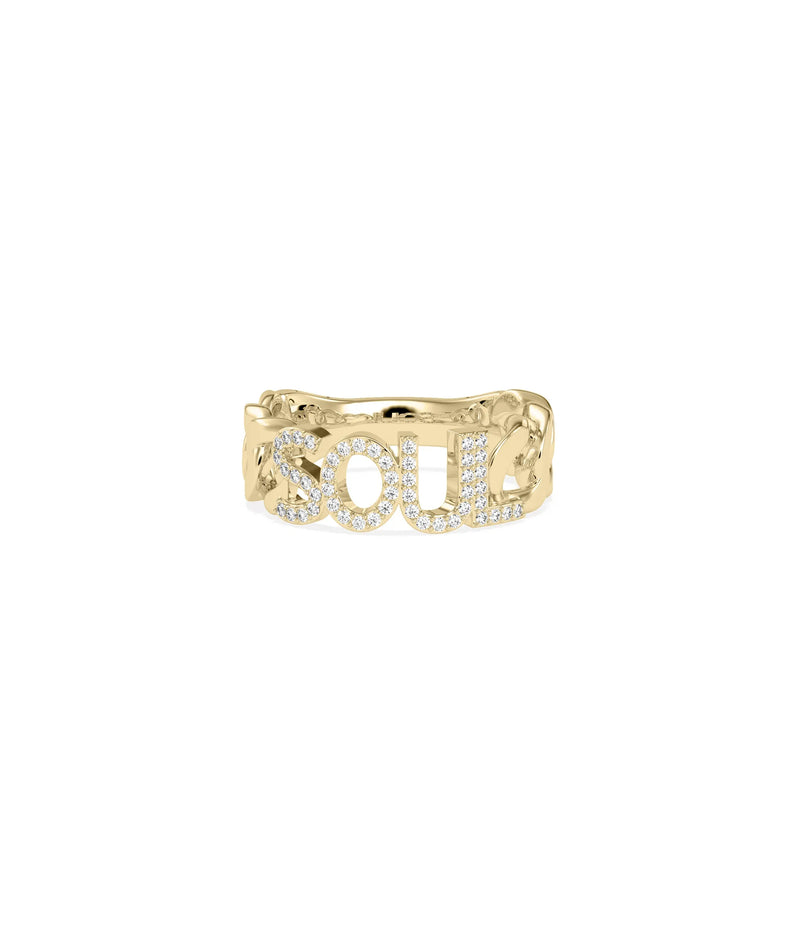 Mantra Diamond Pave Name Curb Link Ring yellow gold close-up of sparkling letters