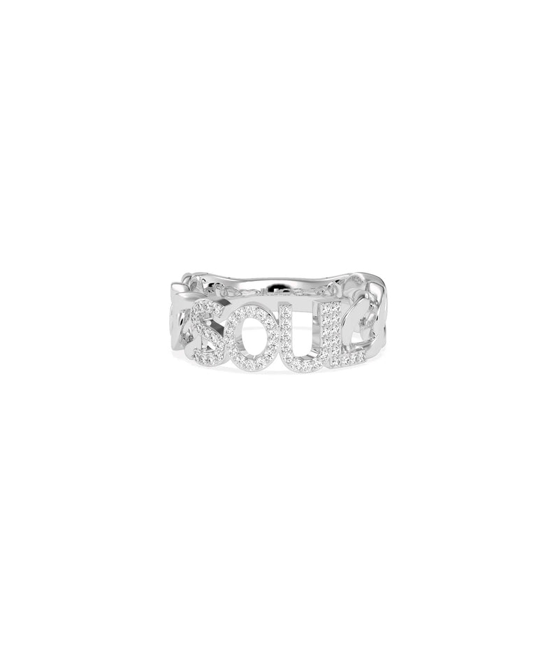 Mantra Diamond Pave Name Curb Link Ring white gold with elegant chain texture