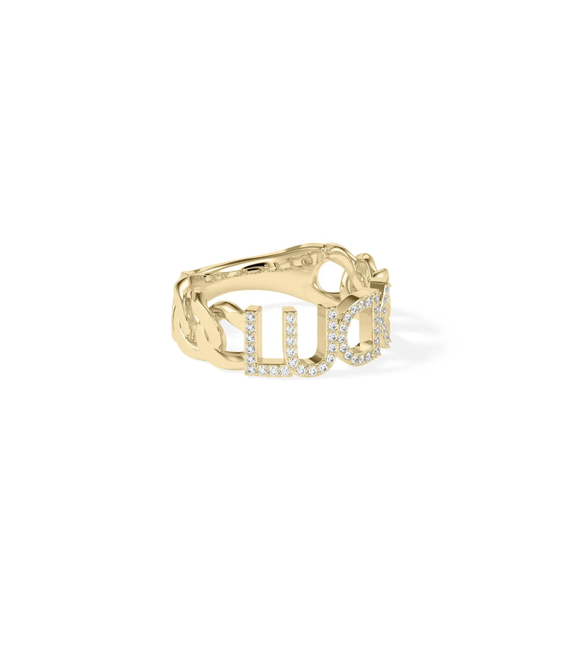 Custom pave letter ring angle view displaying 7mm character height and clarity