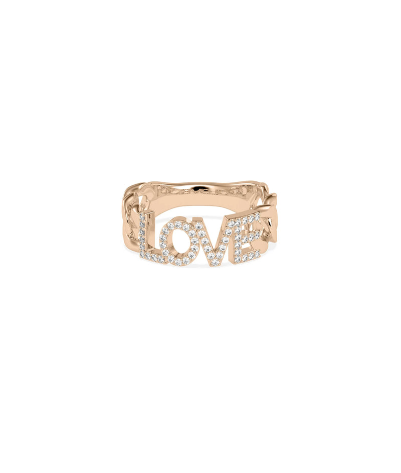 Rose gold custom name ring featuring pave diamonds and chain-inspired band