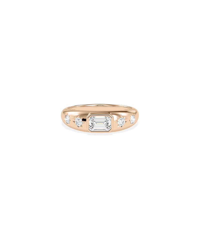 Rose gold dome ring featuring multi-shaped bezel-set diamonds and bold presence