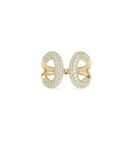 Diamond Pave Split Shank Ring in yellow gold with divided band and continuous pave