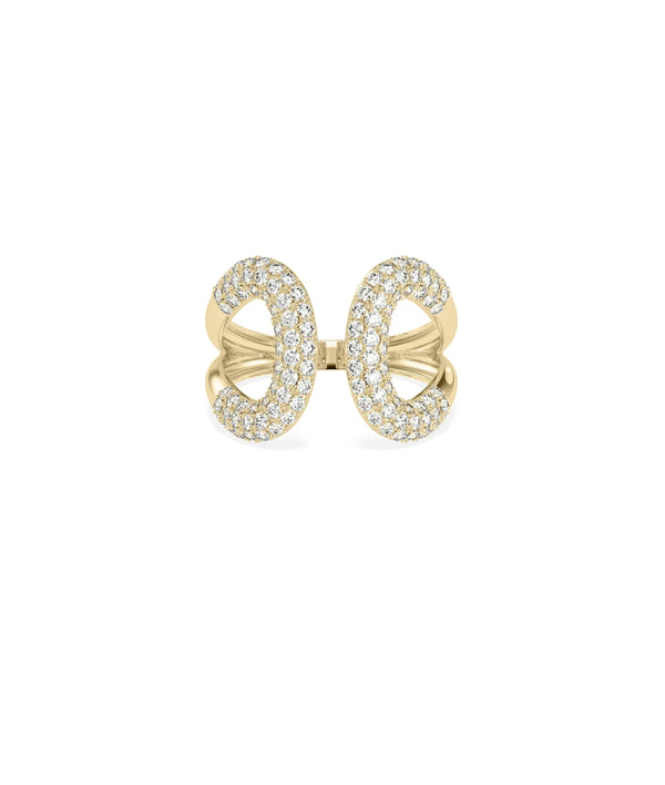 Diamond Pave Split Shank Ring in yellow gold with divided band and continuous pave