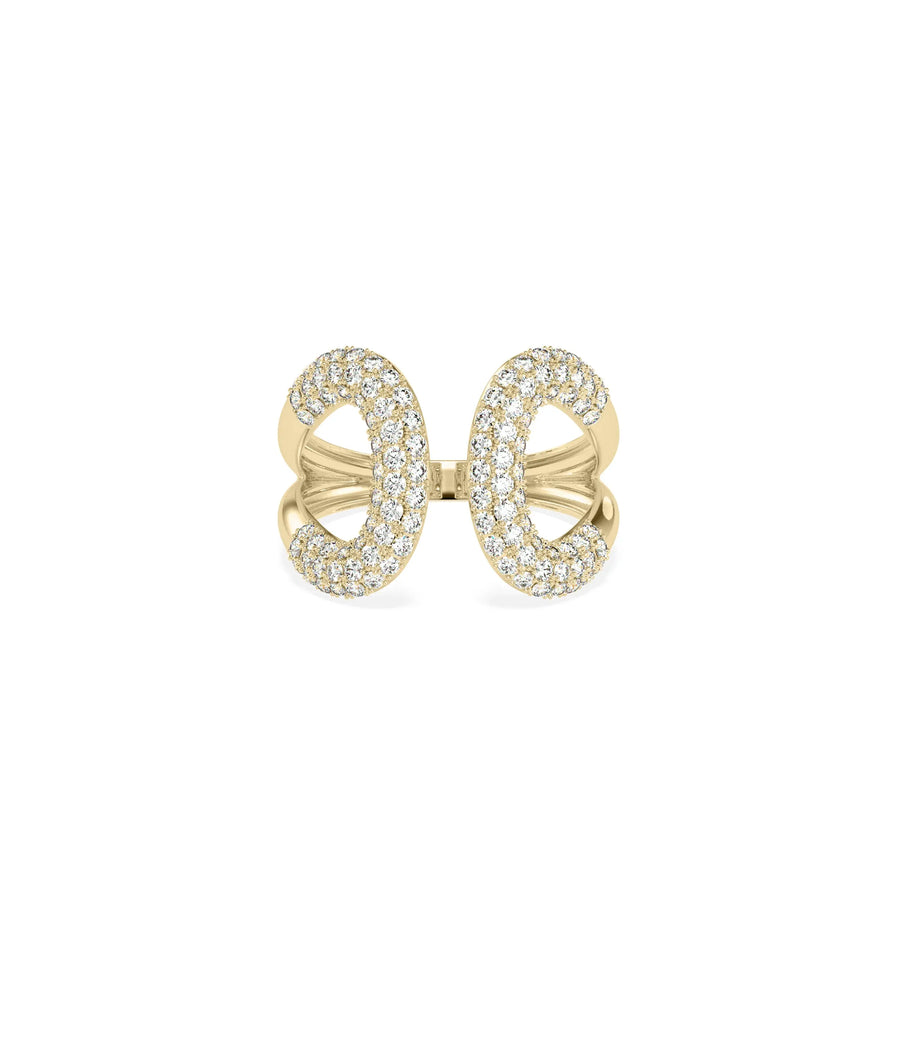 Diamond Pave Split Shank Ring in yellow gold with divided band and continuous pave