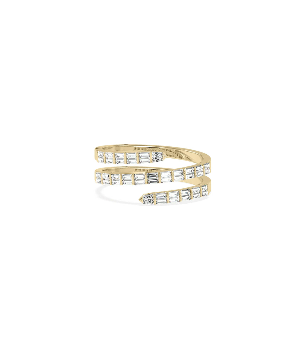 Diamond Baguette Swirl Ring in yellow gold with baguette diamonds in flowing swirl