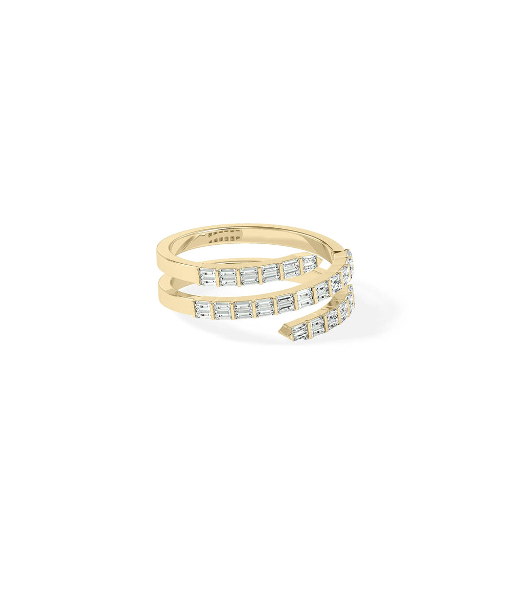Side view Diamond Baguette Swirl Ring showing sculptural dimensional swirl design
