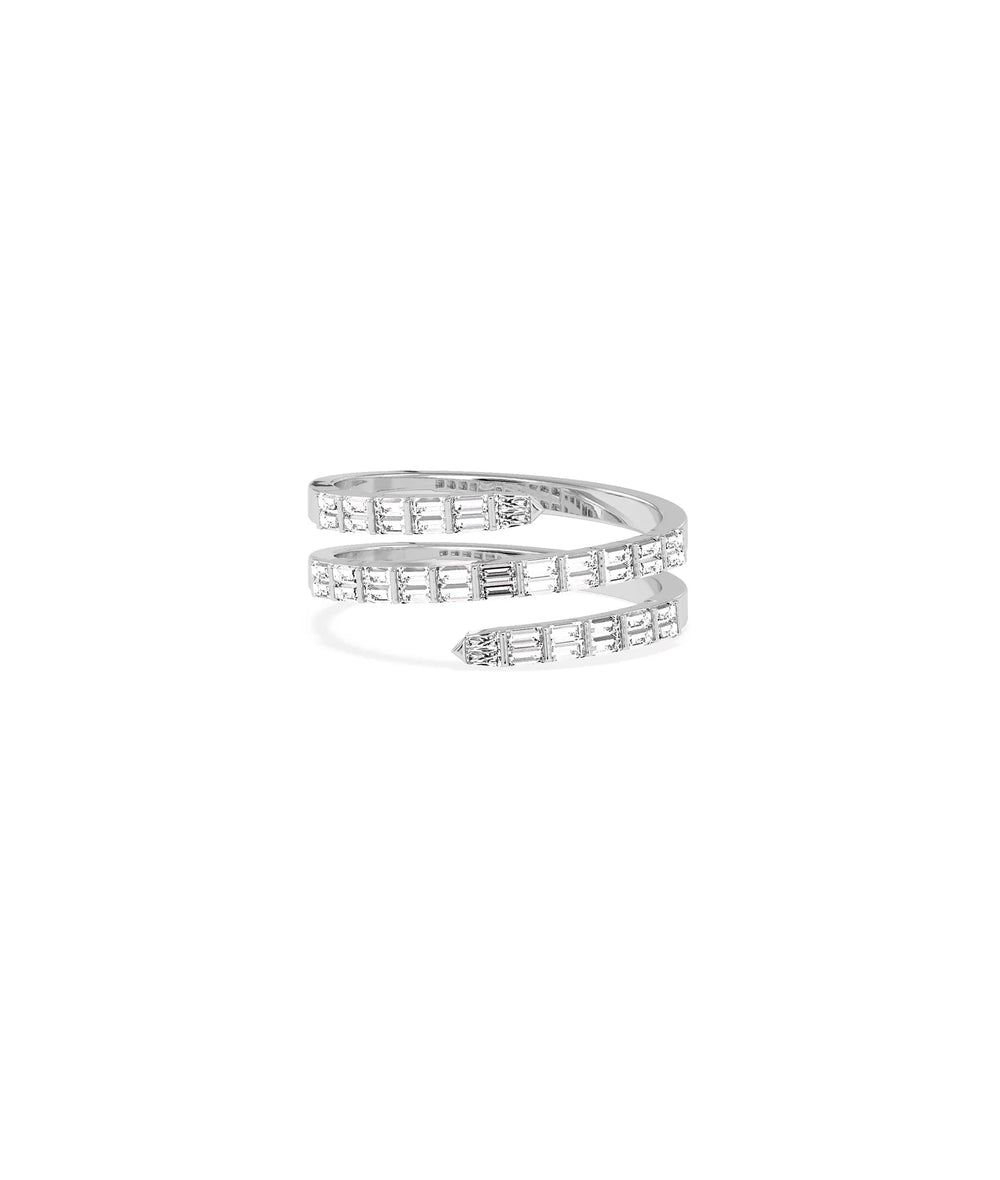 White gold Diamond Baguette Swirl Ring featuring linear baguettes in curved pattern
