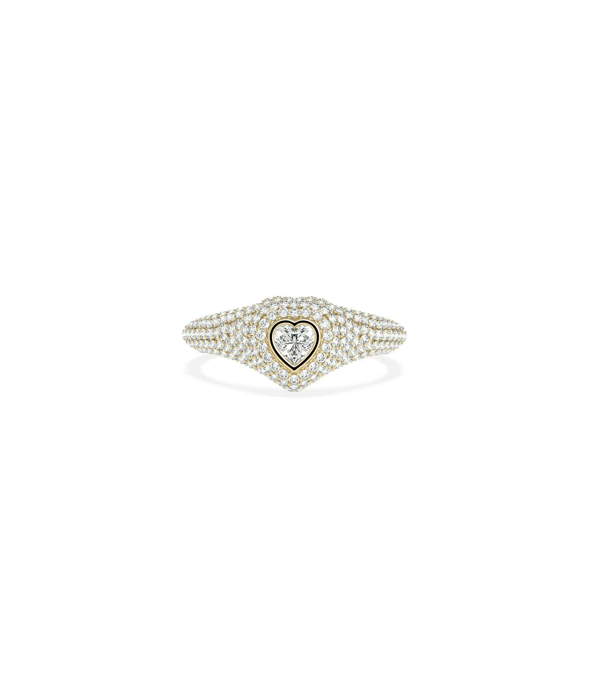 Heart Shape Diamond Solitaire and Pave Ring in yellow gold with heart diamond and pave band