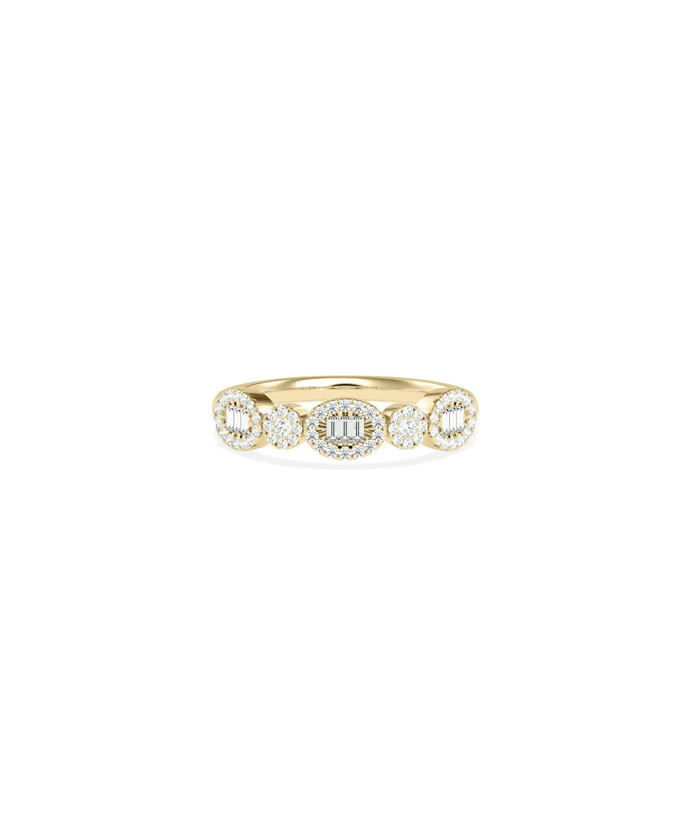 Diamond Cluster Oval and Round Band Ring in yellow gold with mixed diamond shapes