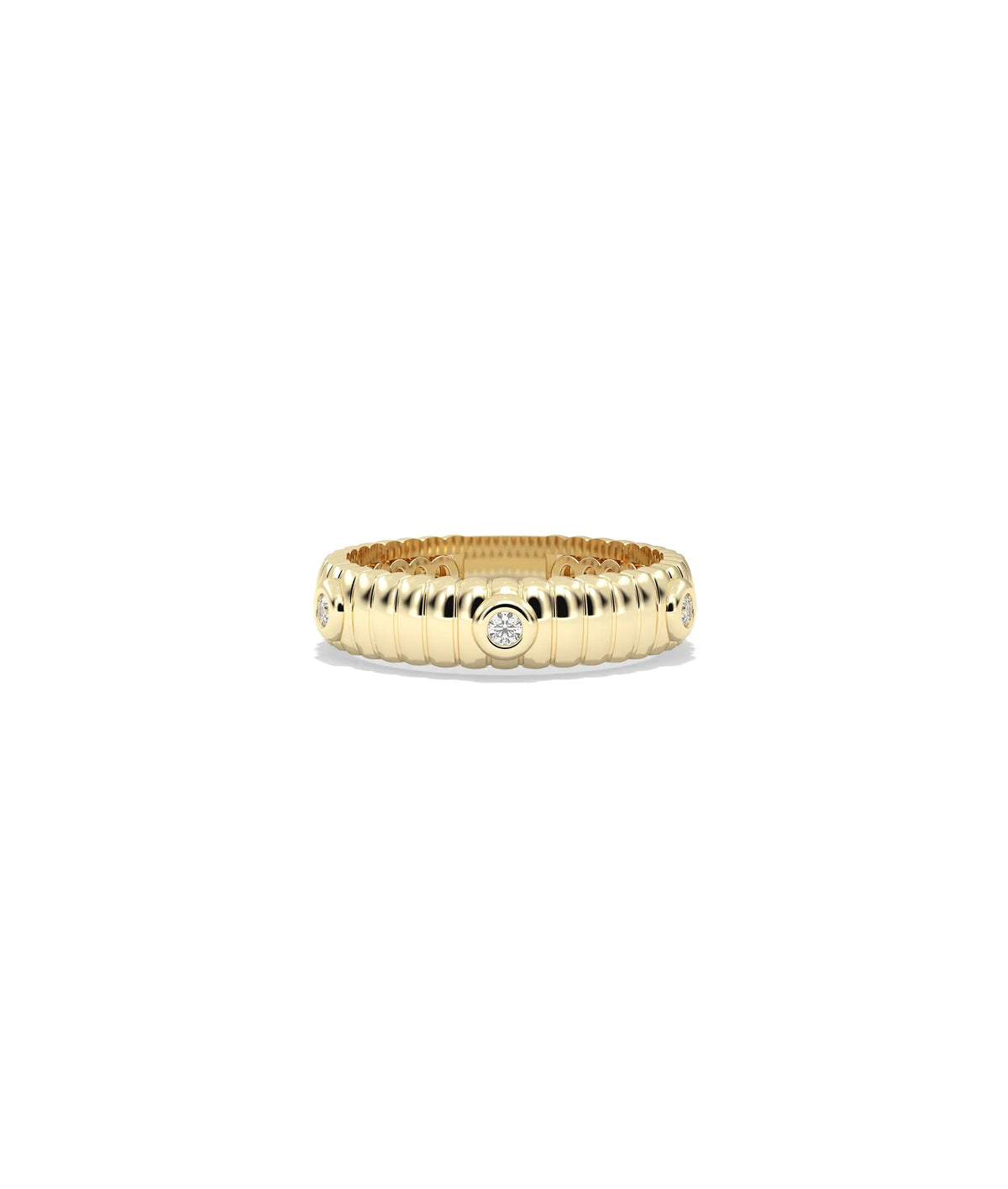 Diamond Station Fluted Band Ring in yellow gold with diamond stations and fluted grooves