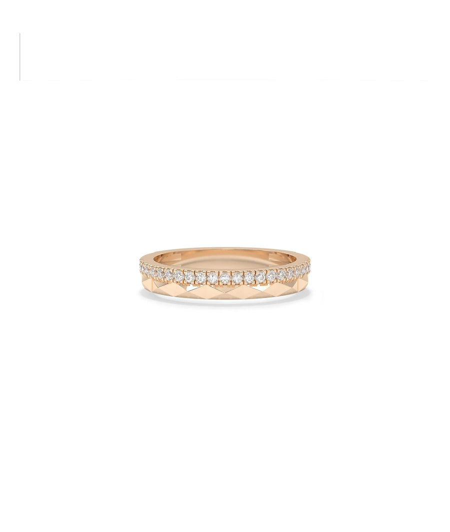 Rose gold Diamond and Faceted Gold Band Ring with architectural faceted gold design