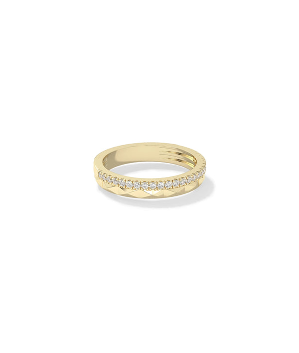 Side view Diamond and Faceted Gold Band Ring showing 3.3mm width and dimensional faceting alternate view