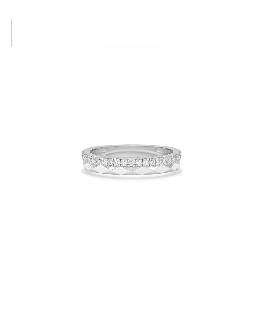 White gold Diamond and Faceted Gold Band Ring featuring textured faceted surface sparkle