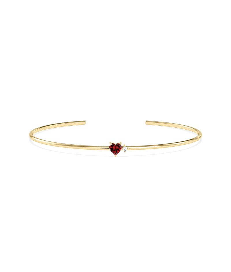 Heart Shape Birthstone and Diamond Open Cuff Bangle - 79e | Everyday 14K Gold Jewelry