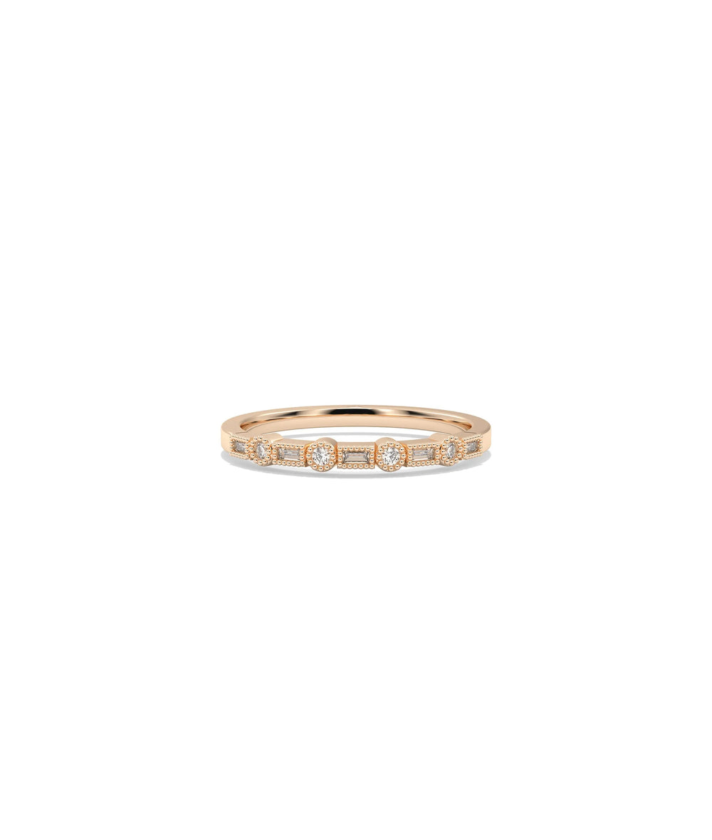 Rose gold Diamond Round and Baguette Band Ring with geometric alternating design