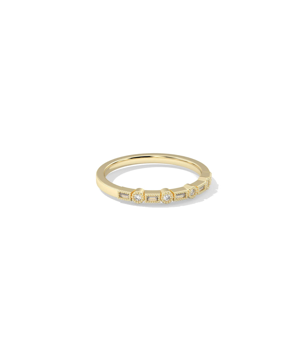 Side profile Diamond Round and Baguette Band Ring showing delicate 1.7mm band width