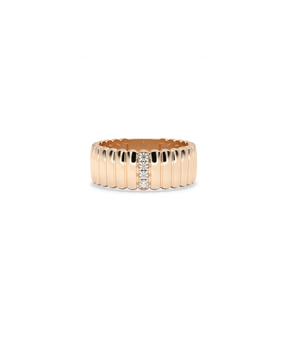 Rose gold Wide Single Row Diamond Fluted Band Ring with single diamond row and vertical texture