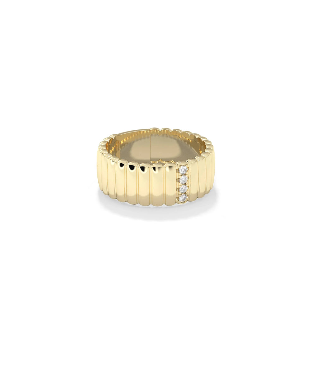 Side view Wide Single Row Diamond Fluted Band Ring showing bold 7.8mm substantial width
