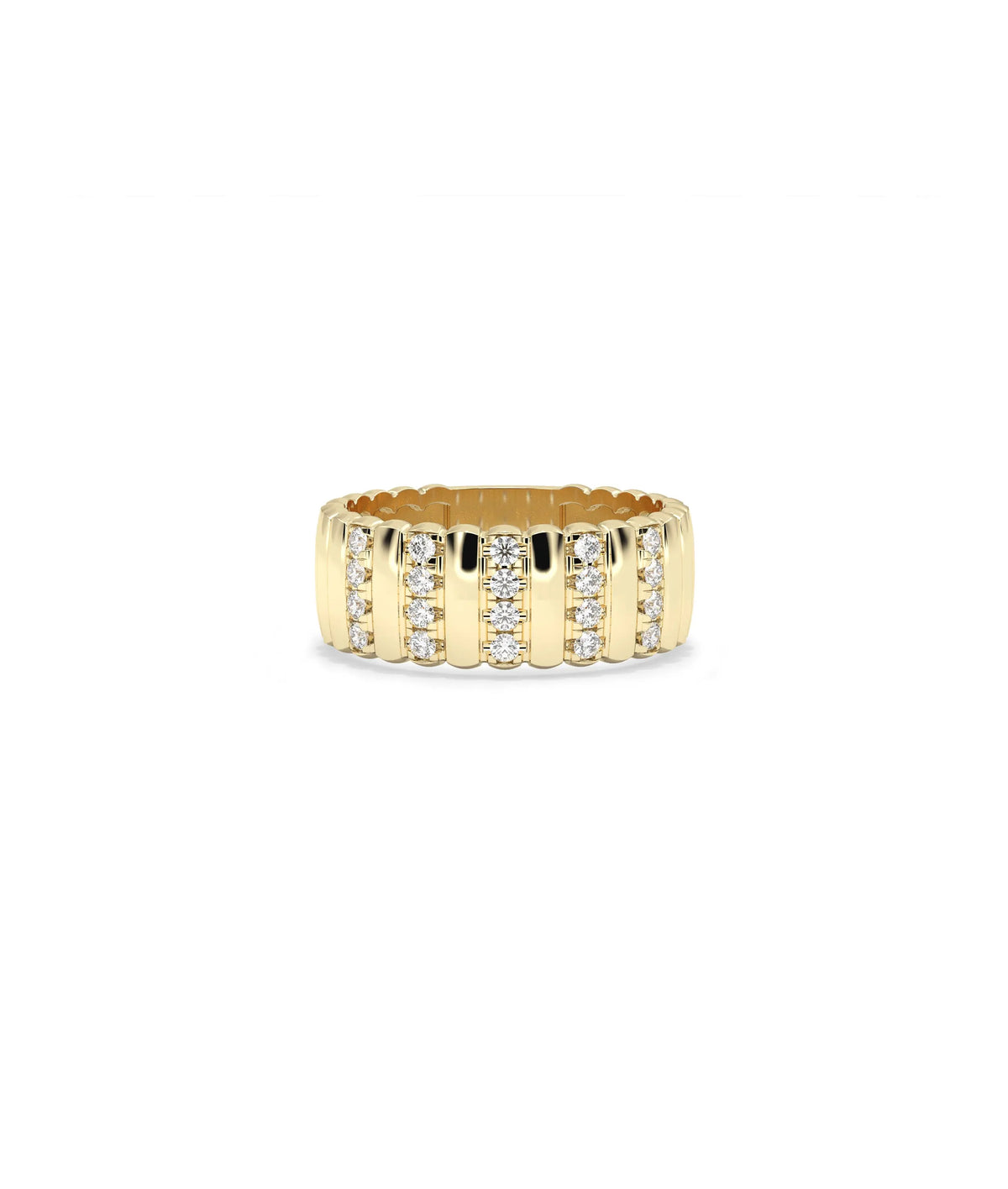 Wide Station Diamond Fluted Band Ring in yellow gold with diamond stations and fluted texture