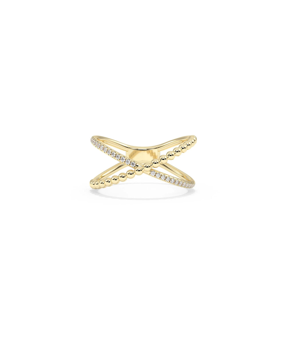 Diamond Line and Beaded Cross Ring in yellow gold with diamond cross and beaded band