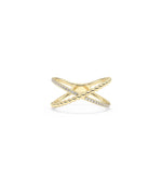 Diamond Line and Beaded Cross Ring in yellow gold with diamond cross and beaded band