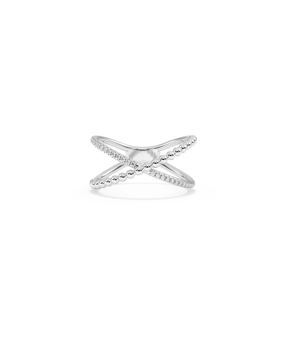 White gold Diamond Line and Beaded Cross Ring featuring spiritual cross motif with diamonds