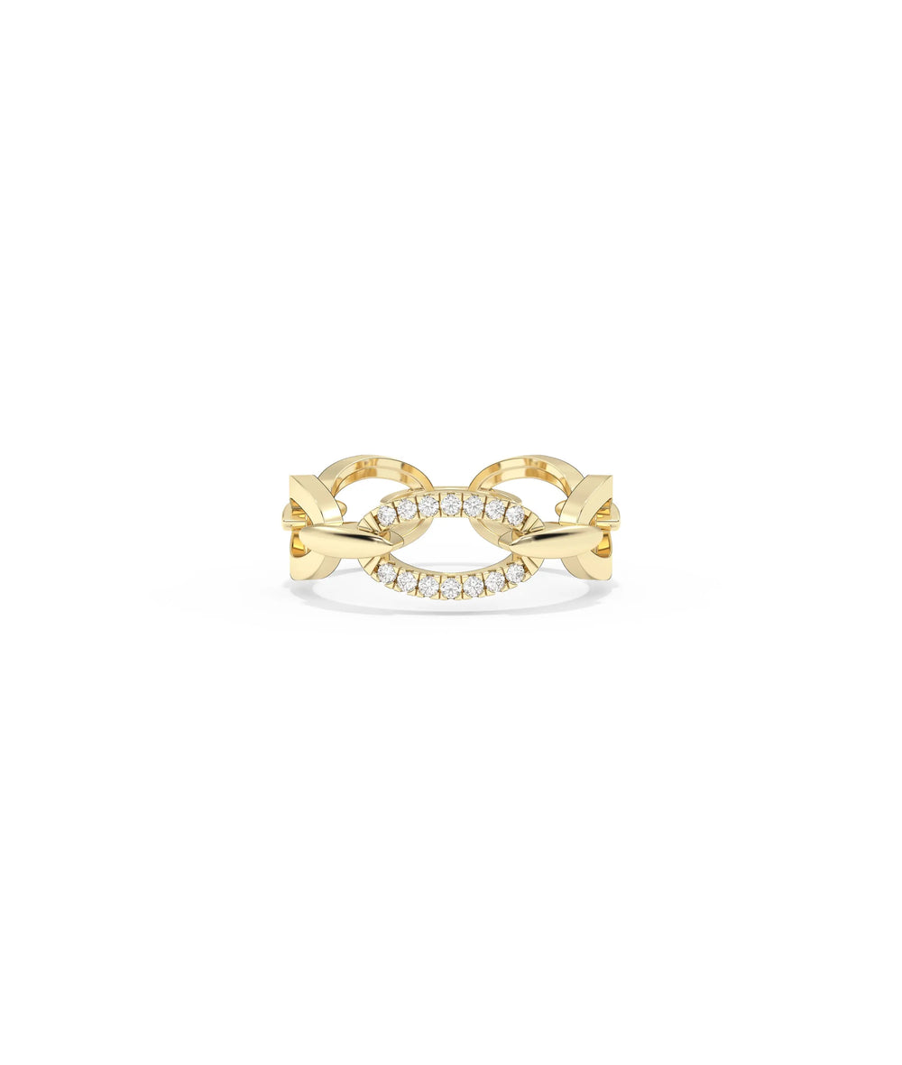 Diamond Pave Link Ring in yellow gold with bold chain-inspired design and pave diamonds