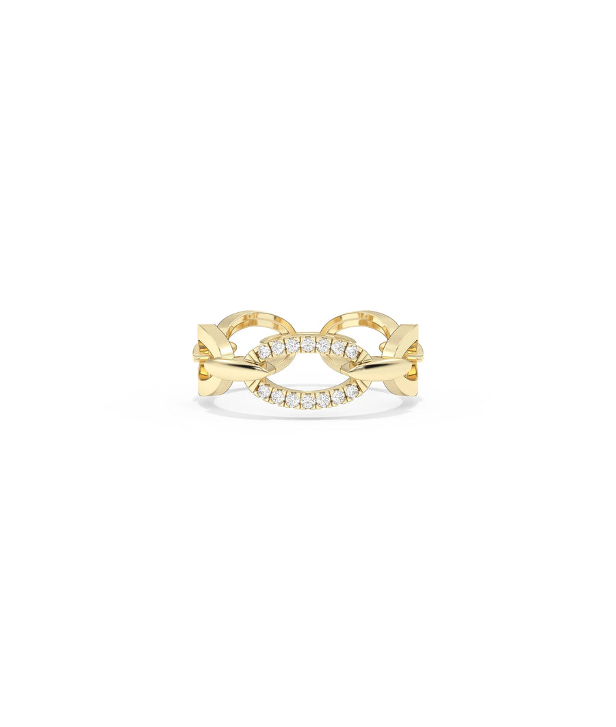 Diamond Pave Link Ring in yellow gold with bold chain-inspired design and pave diamonds