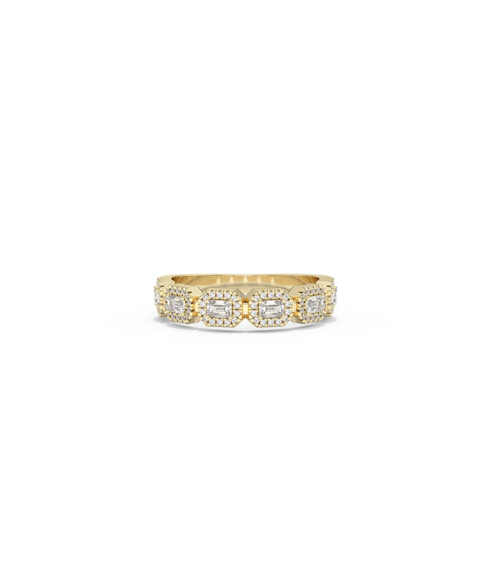 Diamond Emerald Design Band Ring in yellow gold with emerald-cut and round diamonds