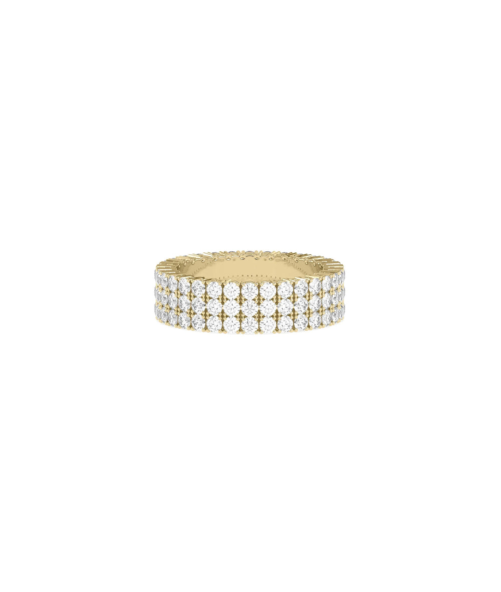 3 Row Diamond Pave Eternity Band Ring in yellow gold with triple pave rows encircling band