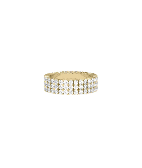 3 Row Diamond Pave Eternity Band Ring in yellow gold with triple pave rows encircling band