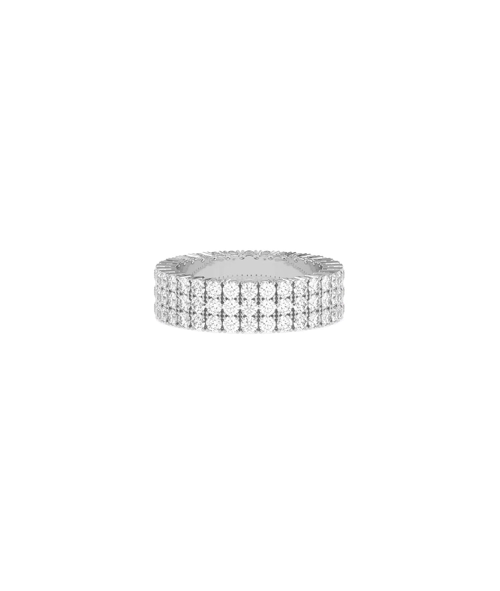 3 Row Diamond Pave Eternity Band Ring in white gold featuring continuous three-row sparkle