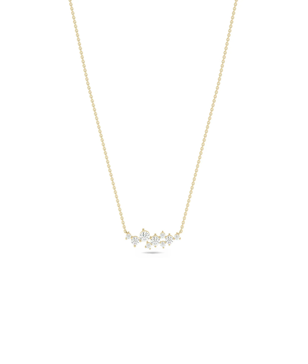Diamond Cluster Necklace in yellow gold artistic bouquet sparkle