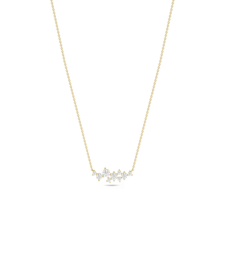 Diamond Cluster Necklace in yellow gold artistic bouquet sparkle