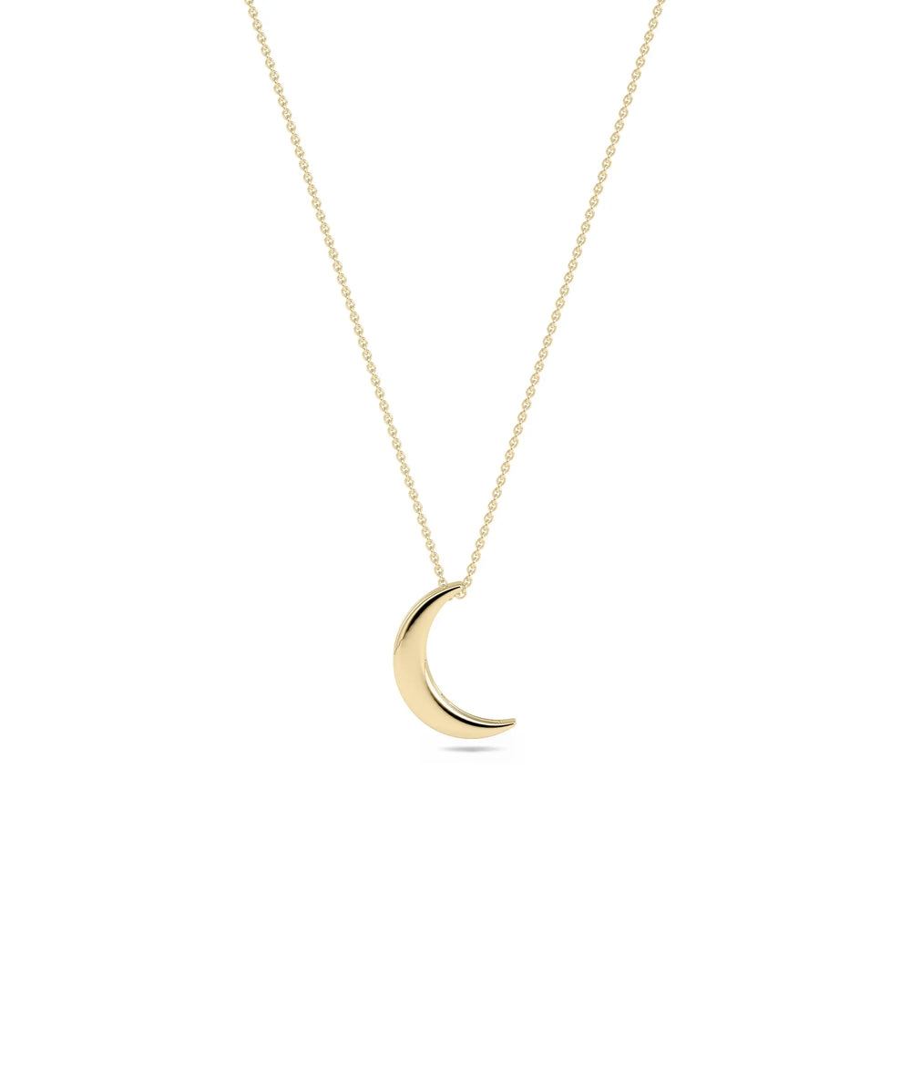 Gold Solid Crescent Necklace in yellow gold with moon pendant front view