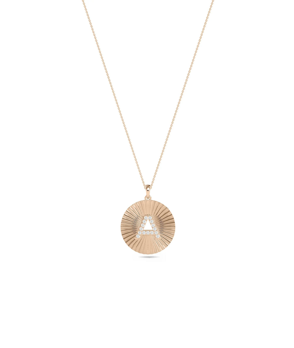 Gold Fluted Coin with Diamond Initial in rose gold warm elegance