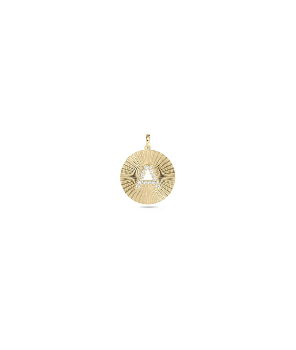 Gold Fluted Coin Charm with Diamond Initial in yellow gold textured