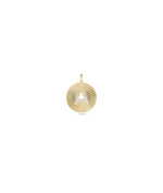 Gold Fluted Coin Charm with Diamond Initial in yellow gold textured