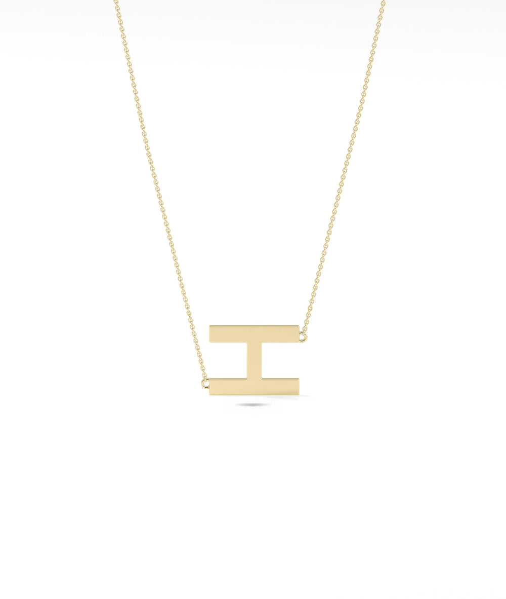 Gold Horizontal Initial Necklace in yellow gold with personalized bar pendant front view