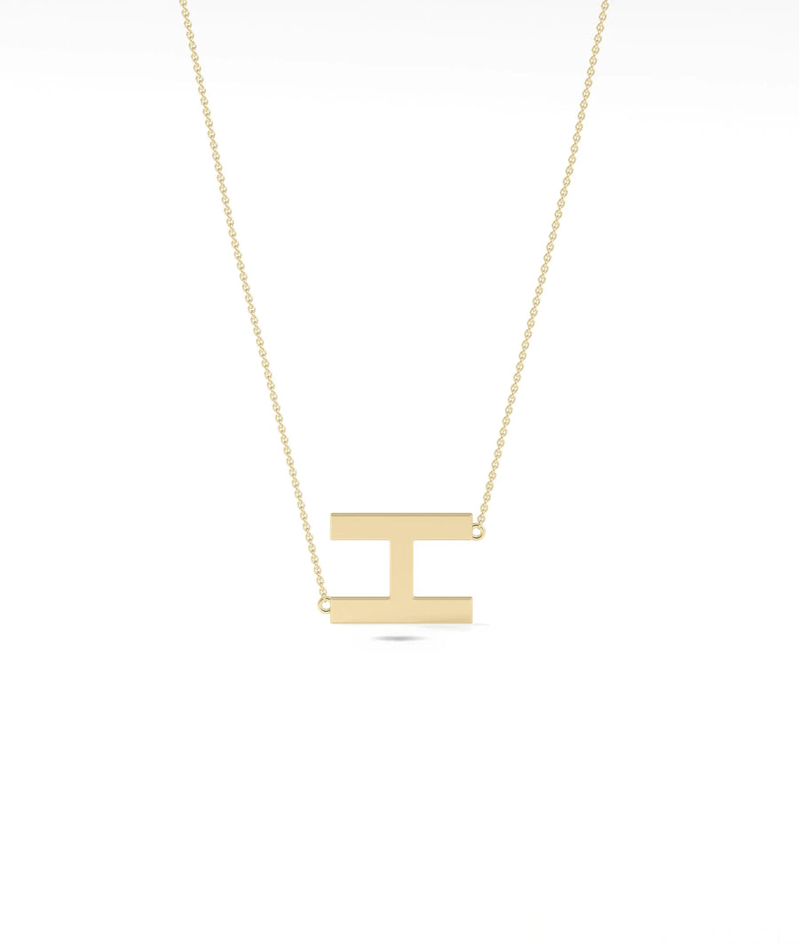 Gold Horizontal Initial Necklace in yellow gold with personalized bar pendant front view