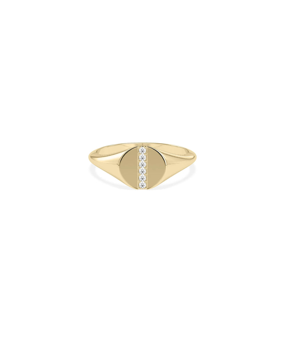 Diamond Straight Line Circle Signet Band Ring in yellow gold with circular face and diamond line